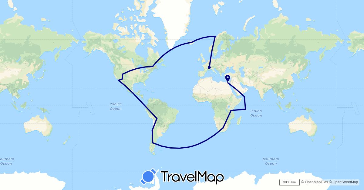 TravelMap itinerary: driving in Argentina, Bolivia, Canada, Switzerland, Chile, Egypt, Iceland, Norway, Seychelles, Tanzania, United States, Yemen, South Africa (Africa, Asia, Europe, North America, South America)